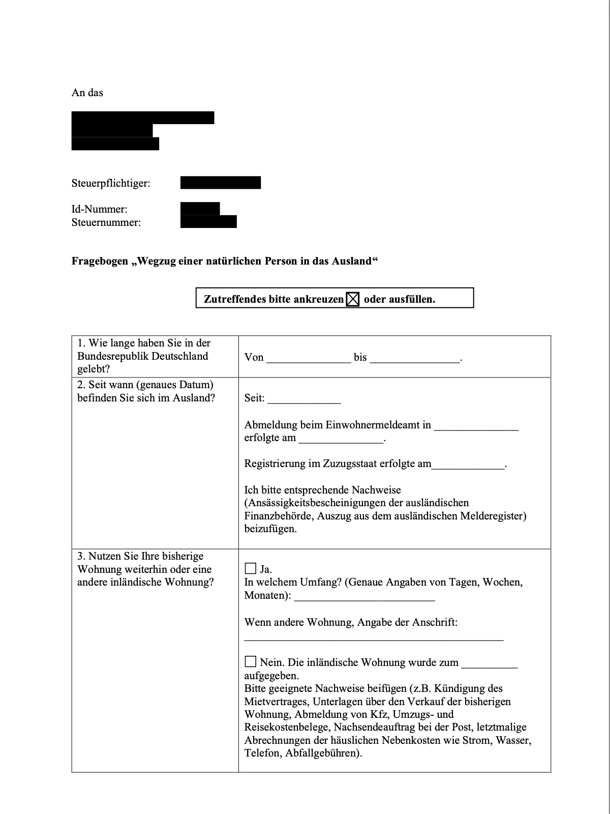 Fragebogen des Finanzamts „Wegzug einer natürlichen Person in das Ausland“, Seite 1: Fragen 1 bis 3