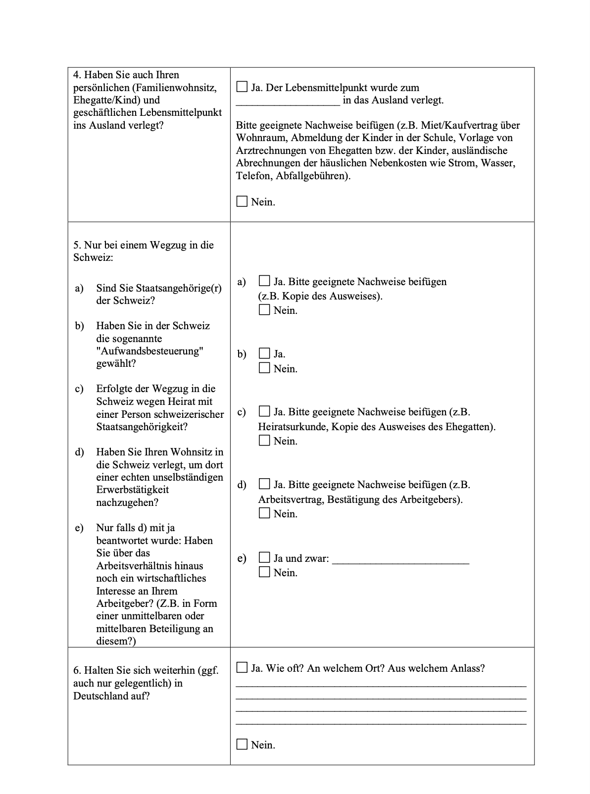 Fragebogen des Finanzamts „Wegzug einer natürlichen Person in das Ausland“, Seite 2: Fragen 4 bis 6