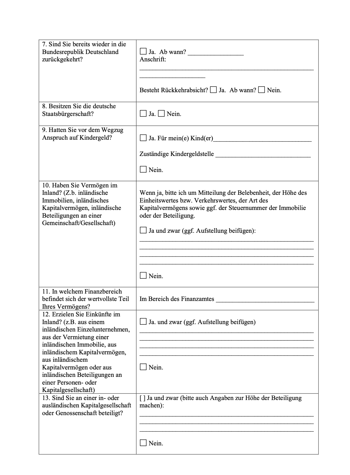 Fragebogen des Finanzamts „Wegzug einer natürlichen Person in das Ausland“, Seite 3: Fragen 7 bis 13
