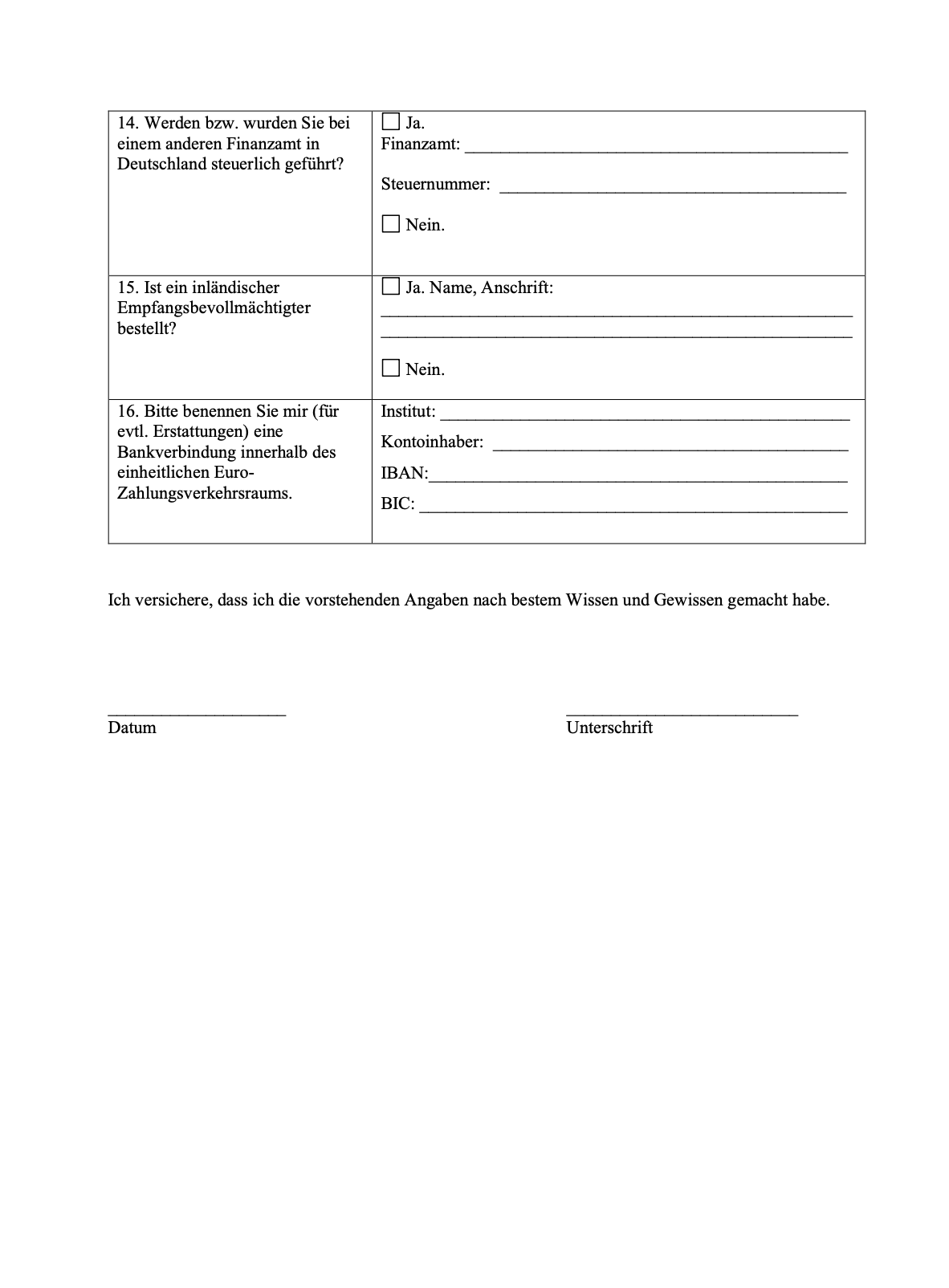 Fragebogen des Finanzamts „Wegzug einer natürlichen Person in das Ausland“, Seite 4: Fragen 14 bis 16, Versicherung der Angaben und Unterschriftsfeld