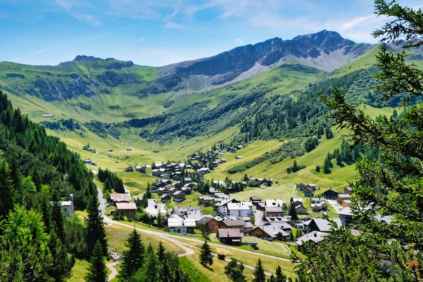 Malbun: Chalets auf grünen Sommerhängen
