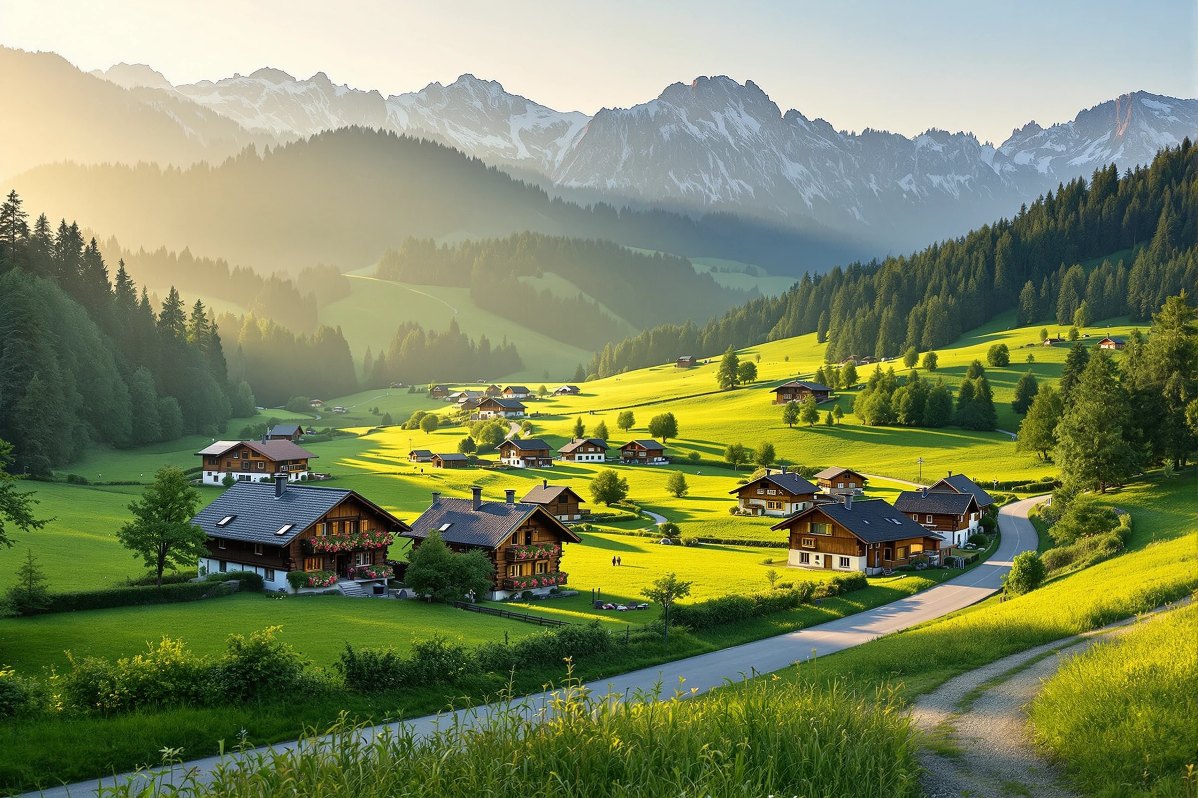 Grünes Tiroler Almtal am Morgen mit Holzhöfen und Bergkulisse