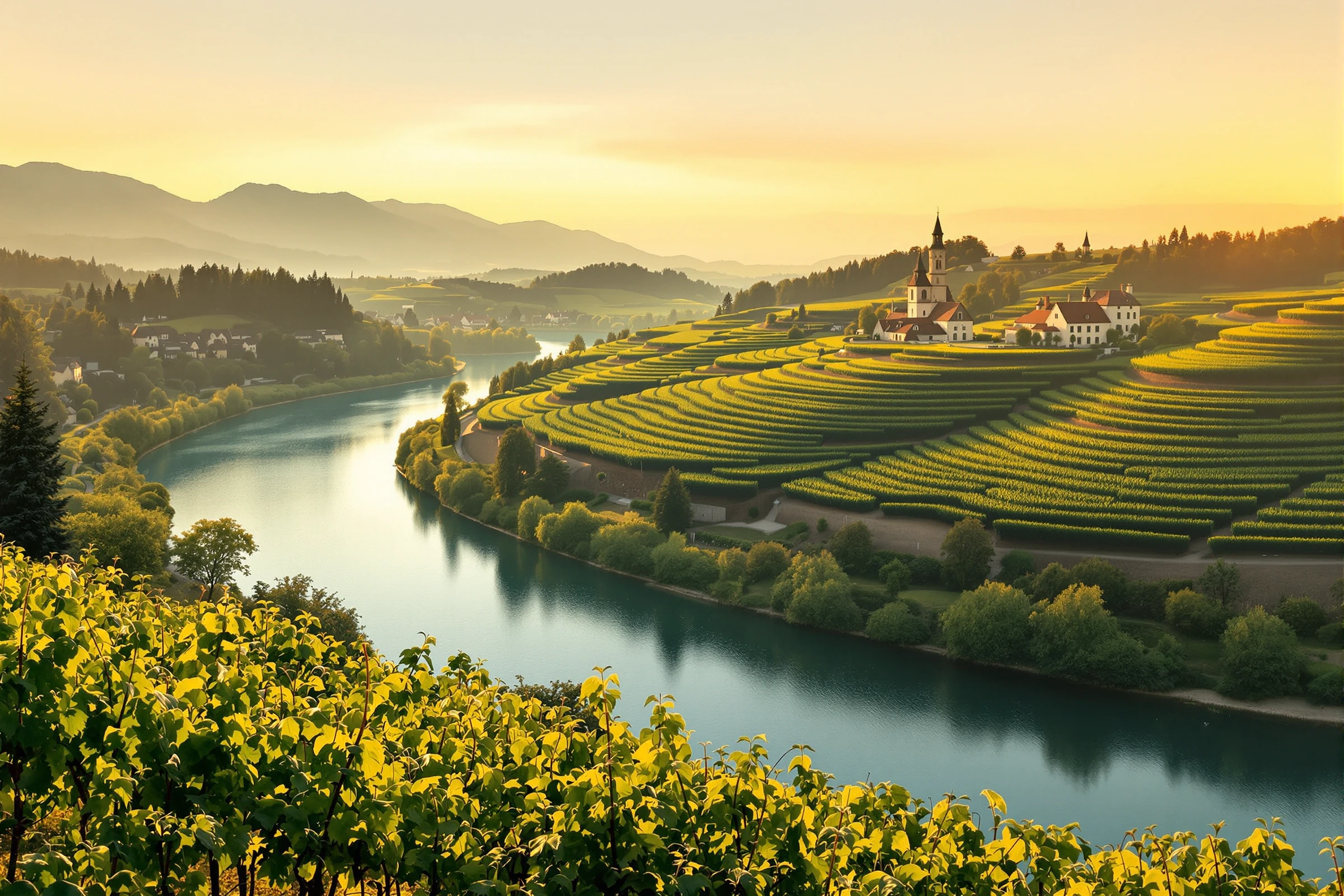 Weinterrassen über einem Donautal in der Abendsonne mit Dorf und Kirchturm