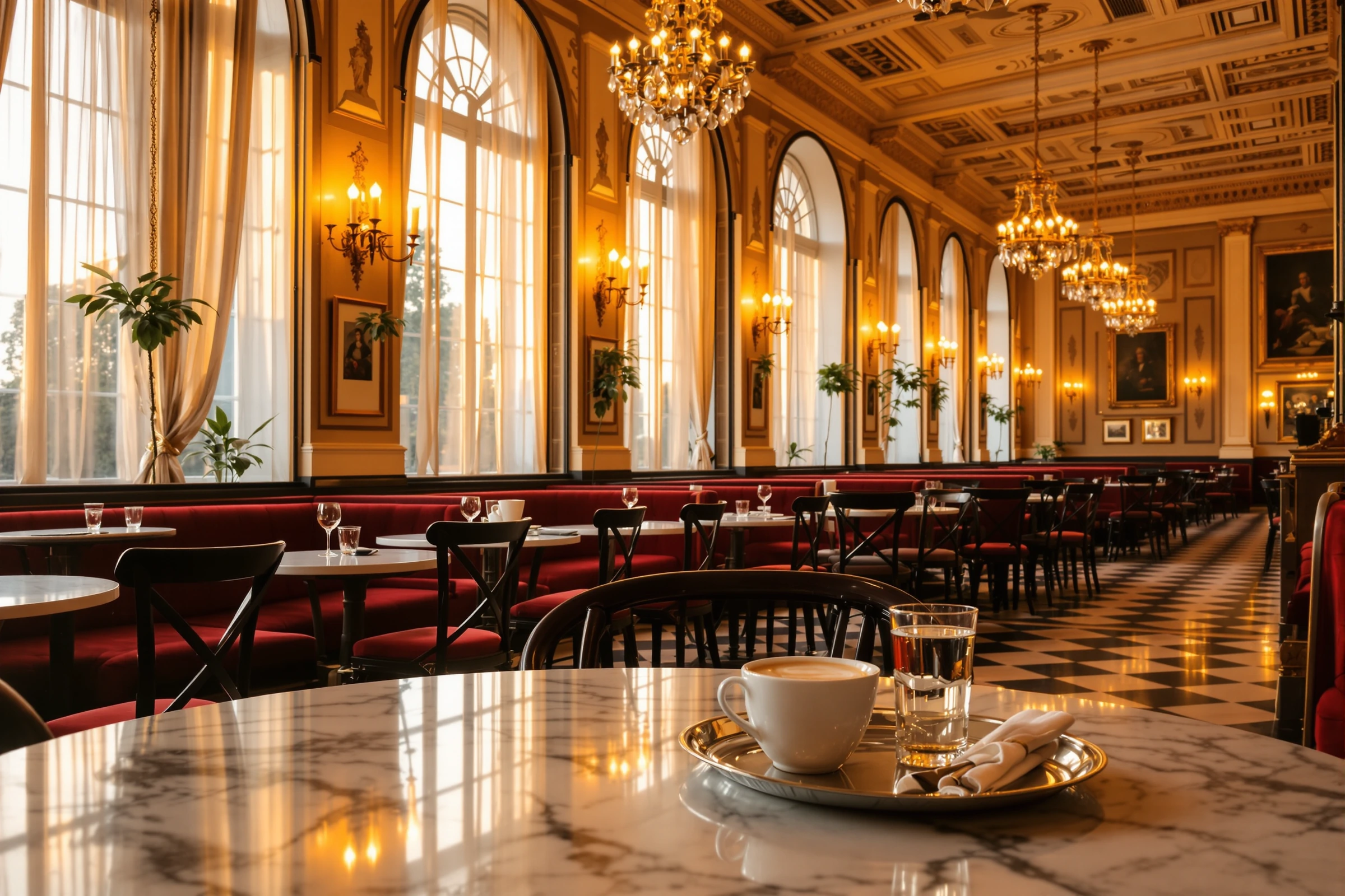 Traditionelles Wiener Kaffeehaus mit Marmortischen, roten Samtbänken und Lustern