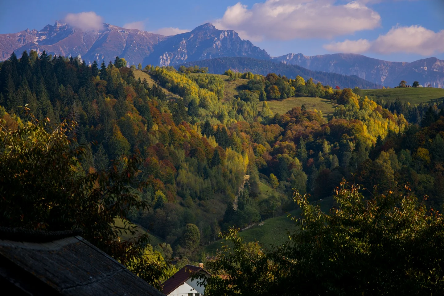 Herbstliche Karpaten-Hügel vor dem Bucegi-Massiv