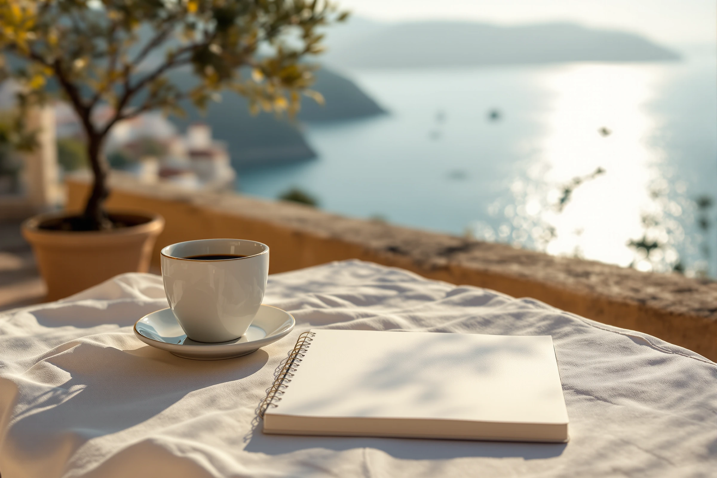 Frühstückstisch auf einer Terrasse über dem Meer am frühen Morgen